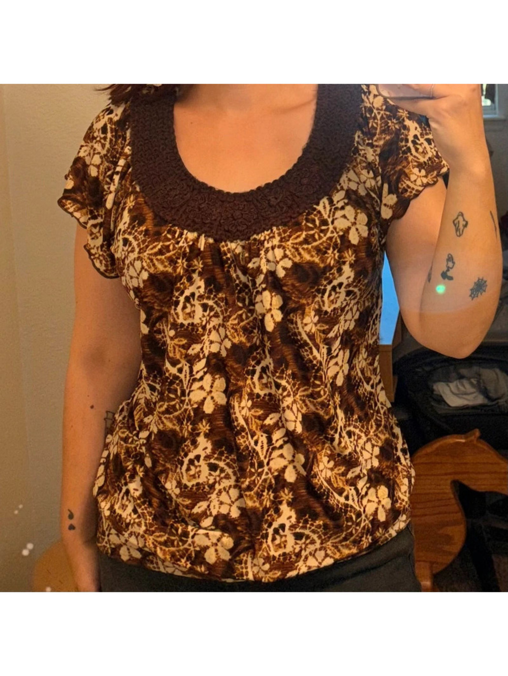 Tuscan Y2K Brown and Cream Babydoll Trop with crochet neckline